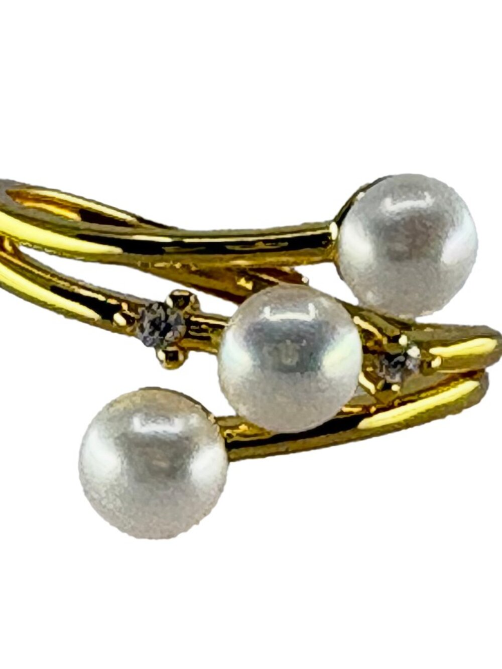 18K GoldPlated Triple Freshwater Pearl Open Ring Cubic Zirconia Adjustable 2.54g